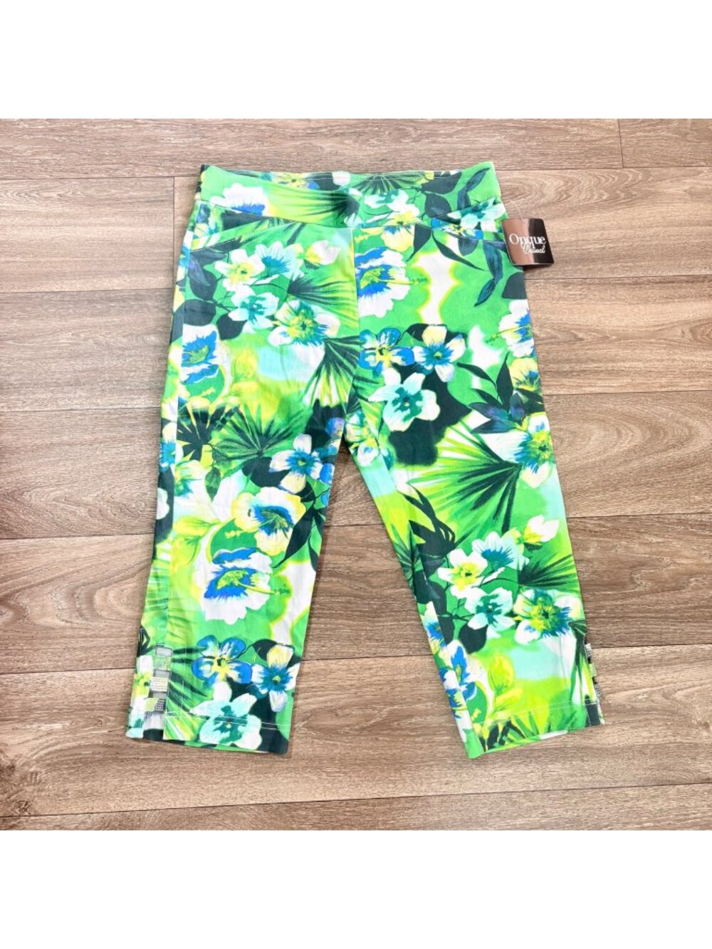 NEW Tropical Floral Capri Pants Fern Green L With Rhinestone Pull On